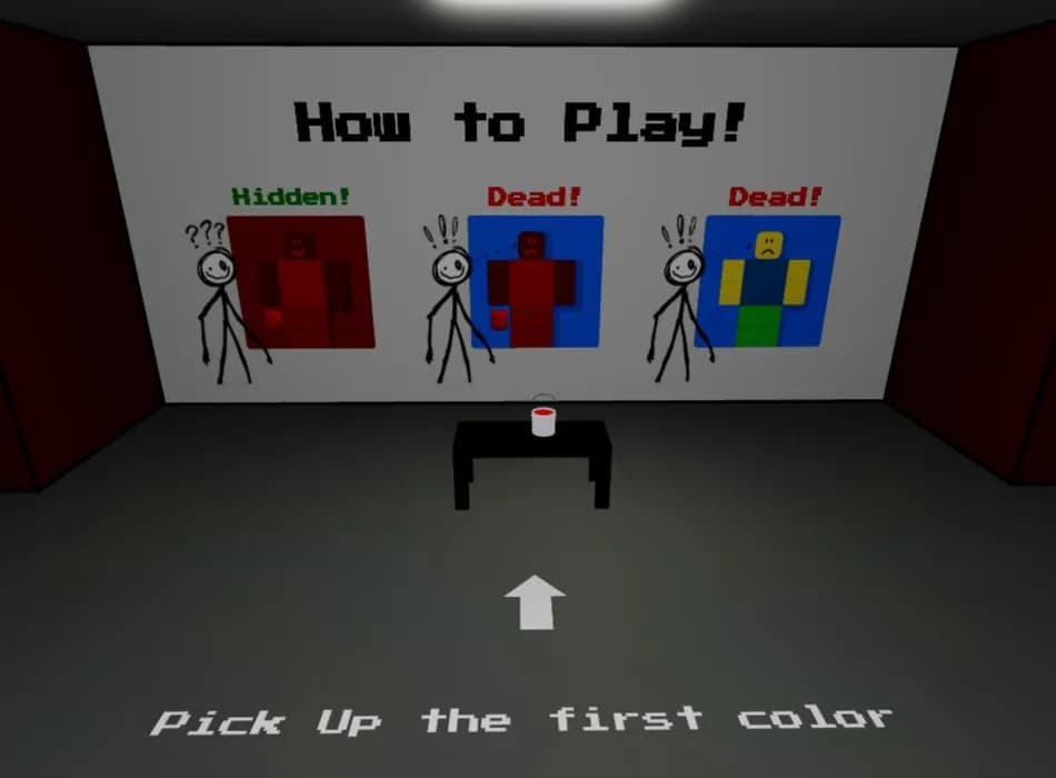 Color or Die: табличка How to Play у первого ведра с краской