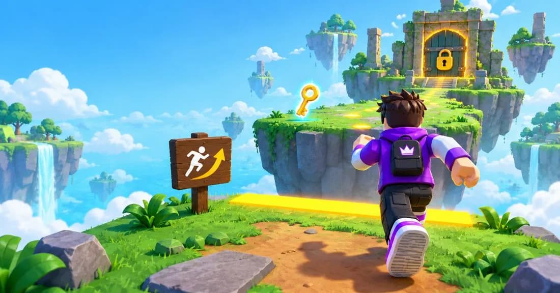 A character runs along a highlighted path toward a locked gate, a key floating ahead and a sign pointing the way