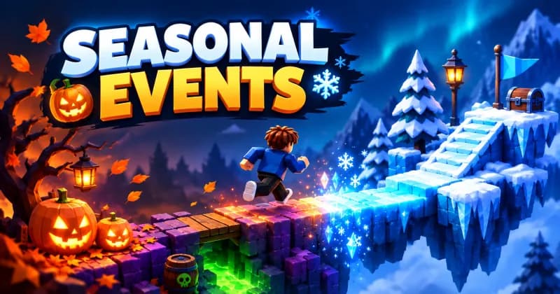 Seasonal Events: obby character running from an autumn pumpkin route onto a winter ice track