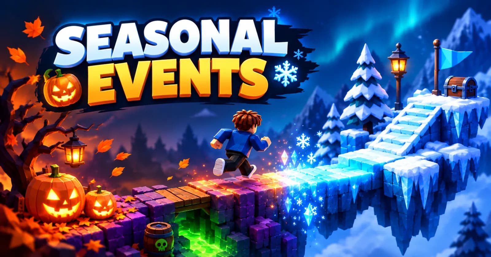 Seasonal Events: obby character running from an autumn pumpkin route onto a winter ice track